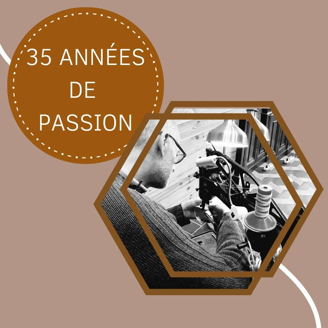 Un homme travaillant au cuir, à l'aide d'une machine.