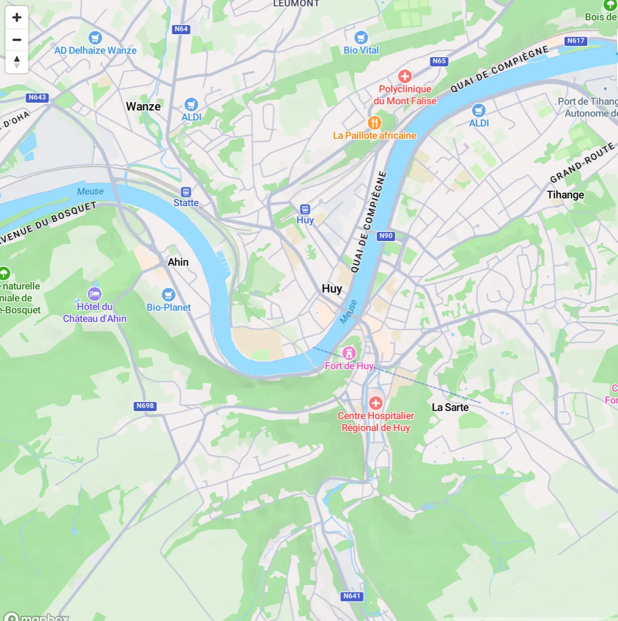 Carte de Huy montrant les emplacements des artisans